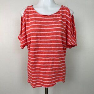 Tommy Bahama Top Small 100% Linen Orange Pink Striped Cold Shoulder Shirt Womens